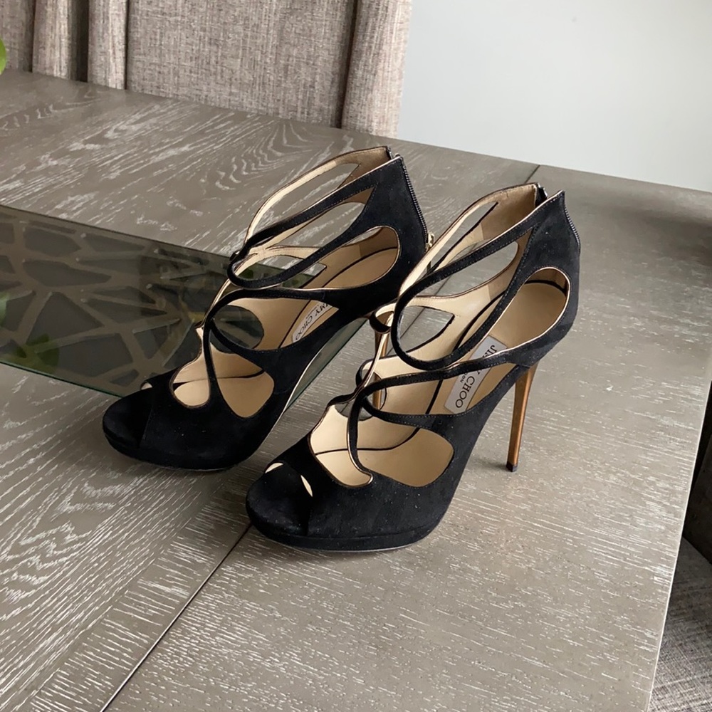 Jimmy Choo Loila suede/metallic leather black heels.